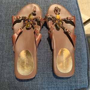 Worn but still in great shape- BCBG Max Azria flat sandals with jewels, Size 6